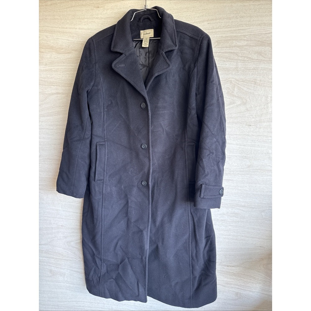 Women's LL Bean Lambs Wool Blue Long Lined Trench Coat Sz Reg20